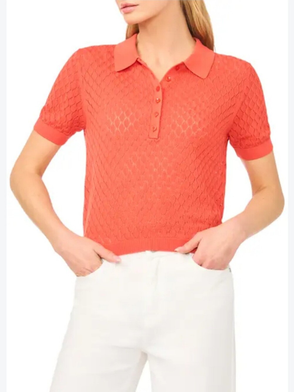 Ted Baker Womens Short Sleeve Polo Open Knit Size XL Orange Clara Diamond